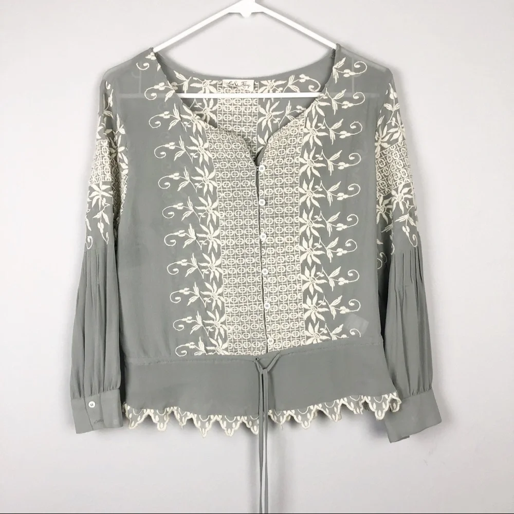 LoveShackFancy Embroidered Silk Georgette Long Sleeve Prairie Top Green Casual - Picture 2 of 11